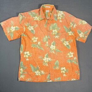 Pierre Cardin Shirt Mens XL Orange Floral Hawaiian Tropical Cotton Button Down